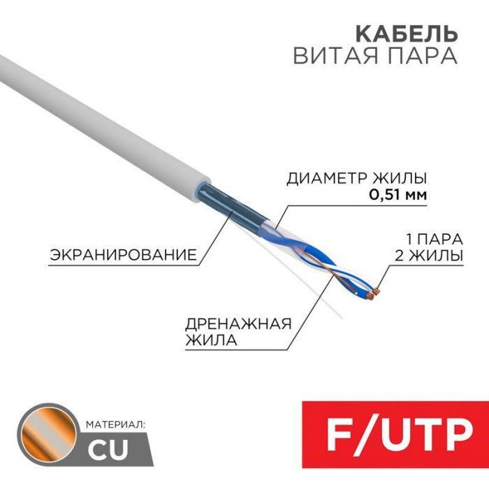 Кабель витая пара F/UTP 1х2х24AWG кат.5E solid CU PVC сер. (м) Rexant 01-0120