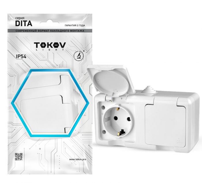 Розетка 2-м ОП Dita 16А IP54 250В с заземл. с крышкой бел. TOKOV ELECTRIC TKL-DT-R2Z-C01-IP54