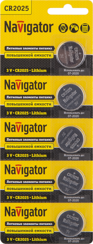 Элемент питания литиевый CR2025 94 764 NBT-CR2025-BP5 (блист.5шт) Navigator 94764